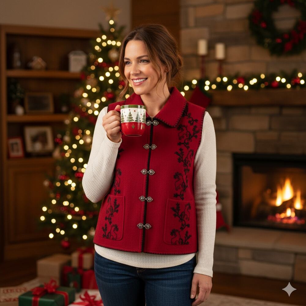 Vintage Woolrich Wool Embroidered Vest Womens M Holiday Deer Christmas 90s